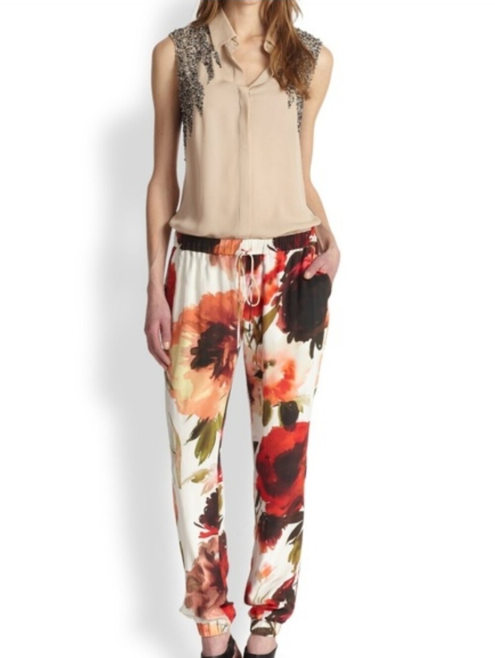 NWOT Haute Hippie 100% Silk Floral Print Drawstring Jogger Pants Size Large